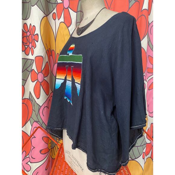 black linen southwestern blouse with serape eagle bell sleeve top raw hem med - Picture 7 of 8